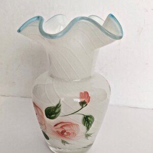 Fenton Designed Teleflora White Opalescent Vase Blue Crest Ruffled Hand Painted